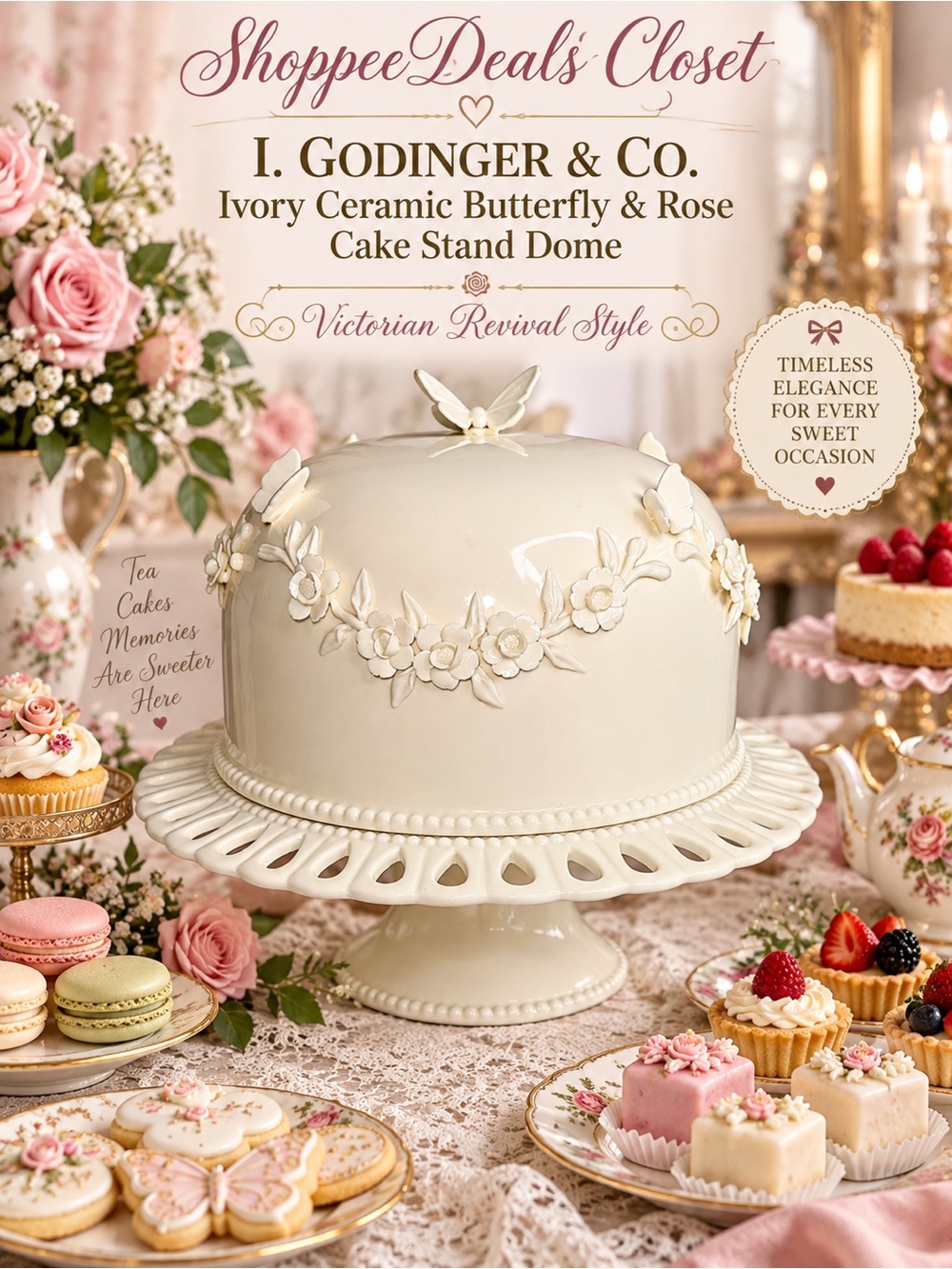 I. Godinger & Co. Ivory Ceramic Butterfly & Rose Cake Stand Dome